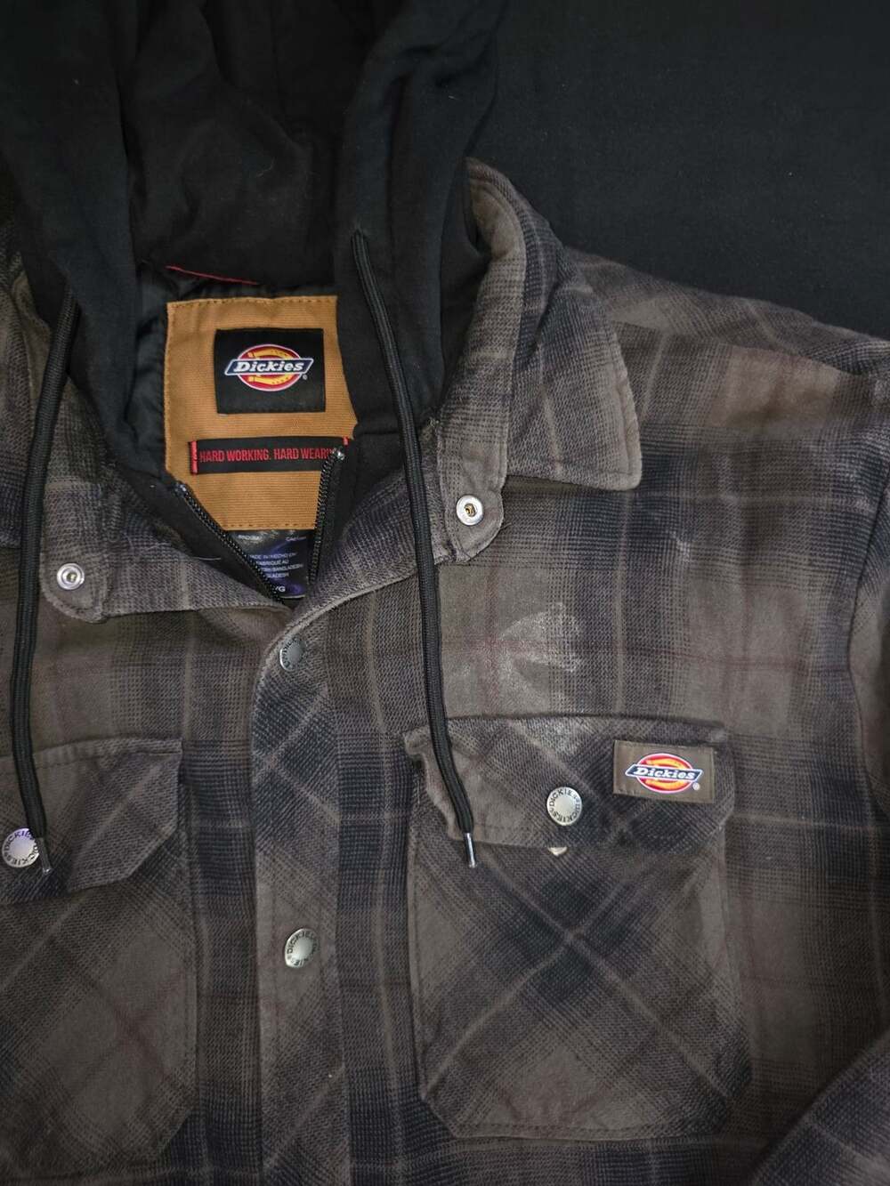 Dickies Quilted Lined Hooded Plaid Flannel Shirt Jacket Size L